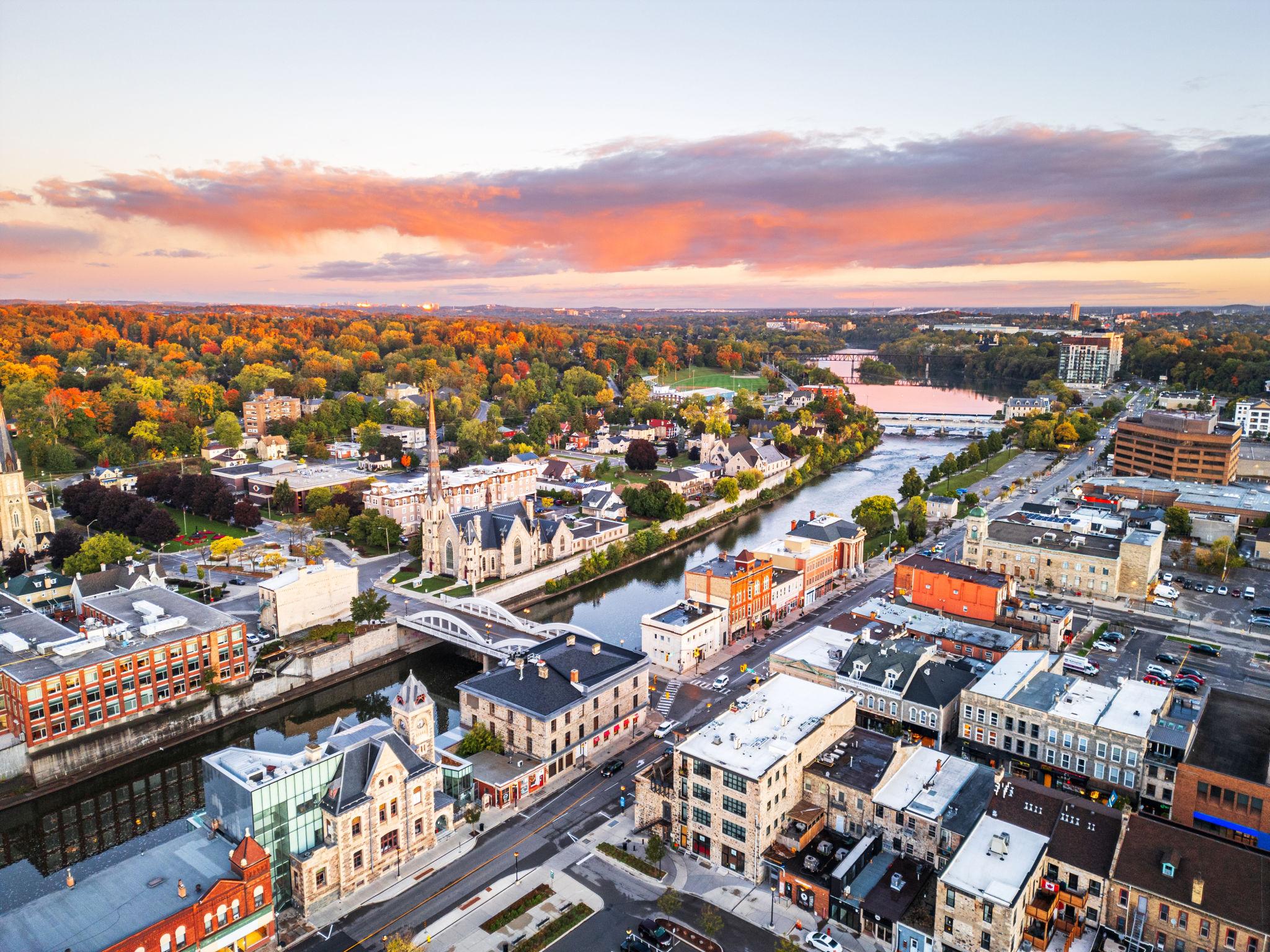 Arial view of Cambridge Ontario at sunset with pink skies