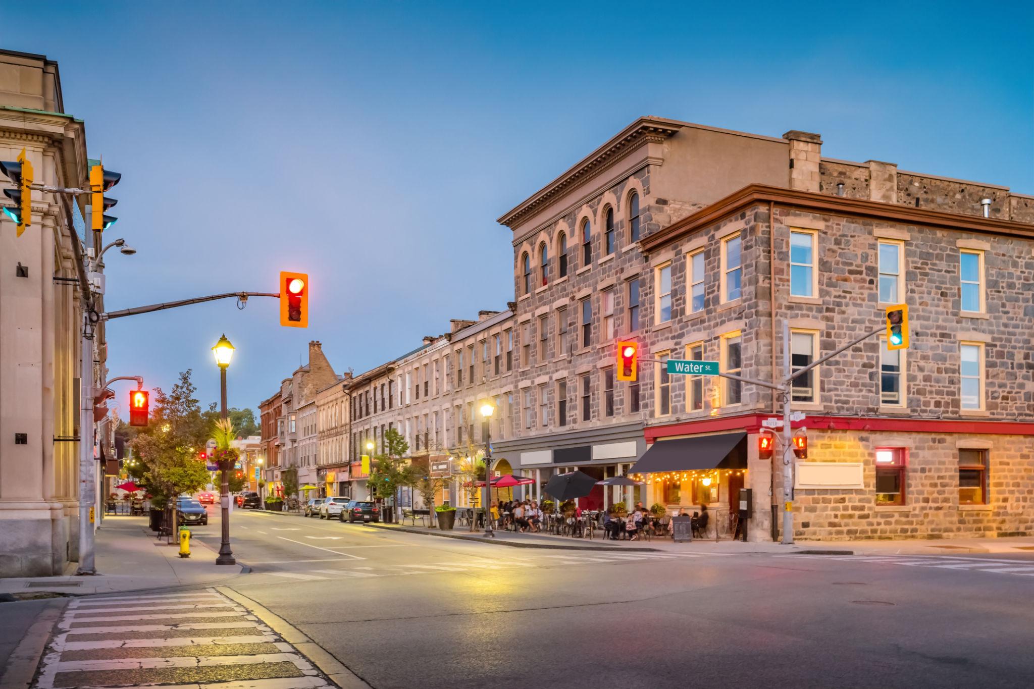 Downtown Cambridge Ontario buildings at dusk