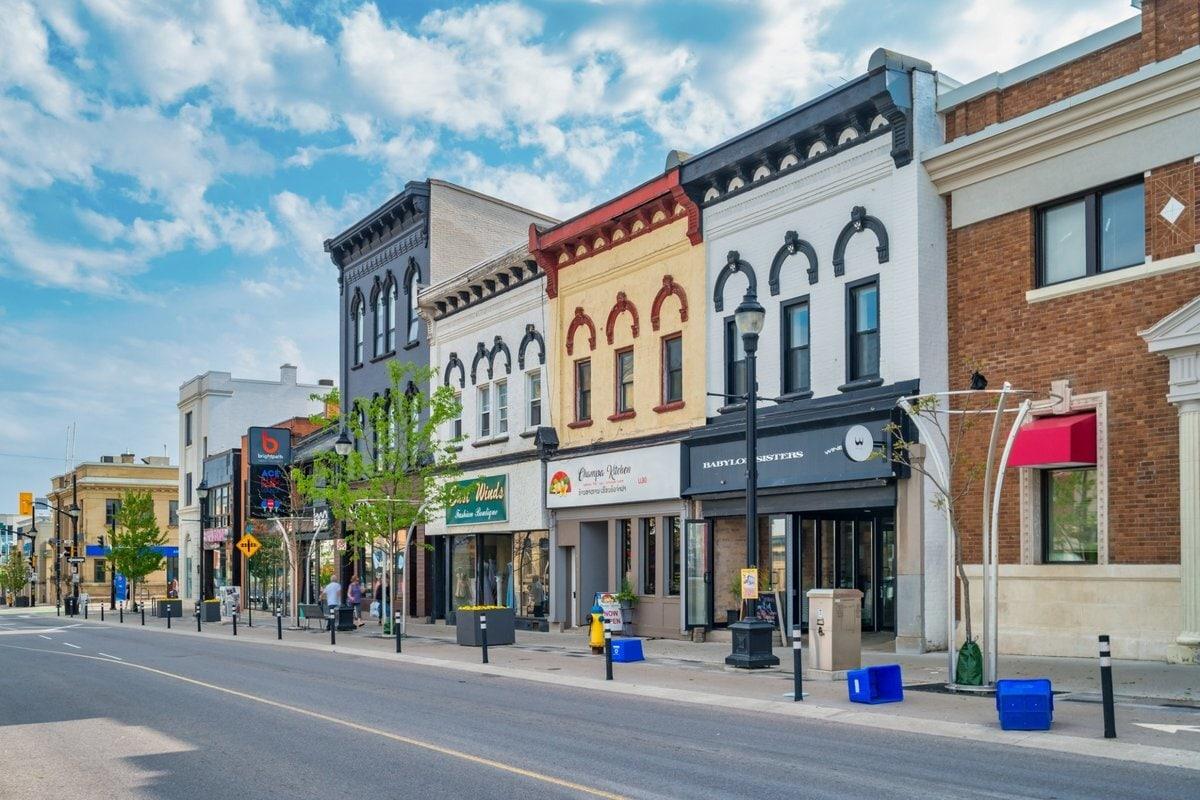 Downtown street view of stores in Waterloo Ontario